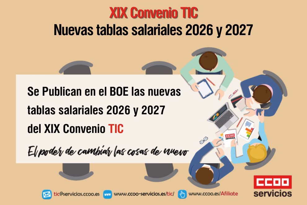 XIX Convenio TIC: Se publican en el BOE nuevas tablas salariales, adecuadas al SMI 2026.